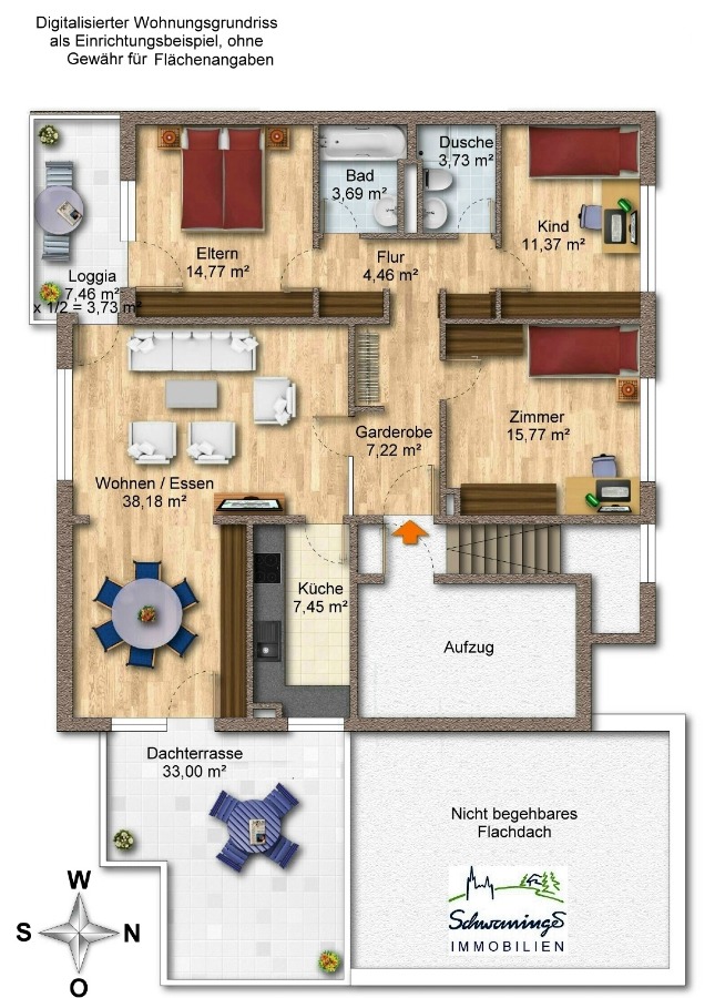 Visualisierter Wohnungsgrundriss Terrassenwohnung Denzlingen